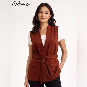 Reitmans Petite 2 Rust Belted Sleeveless Blazer Vest Tailored Wrap Front Career